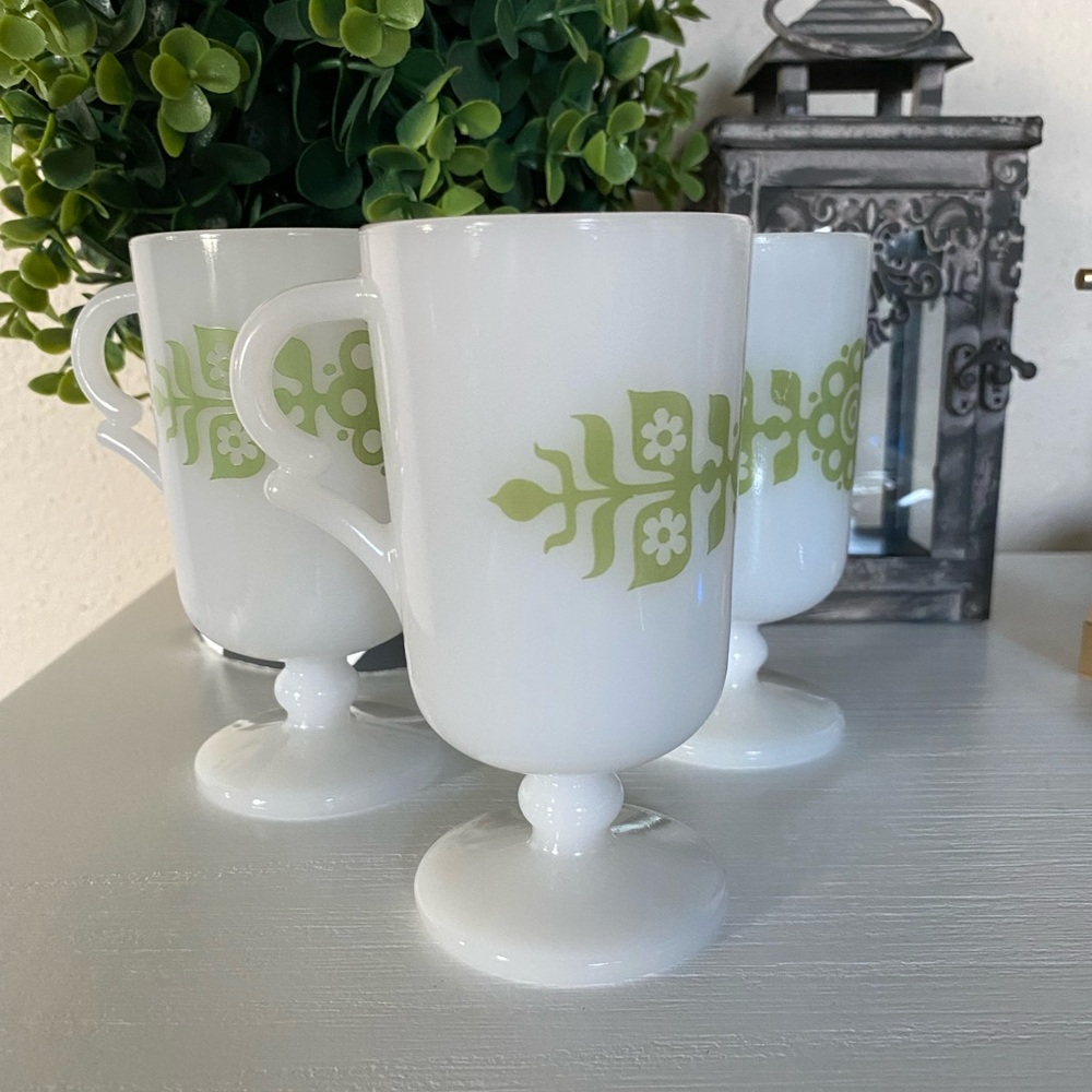Vintage Glasbake Footed (3) Mugs Handles USA milk glass green floral
